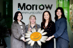 Morrow Communications Charity partnership team, Laura Magennis, Clare Forster, and Hannah Knox, pictured with Emma Bannon from Cancer Fund for Children.