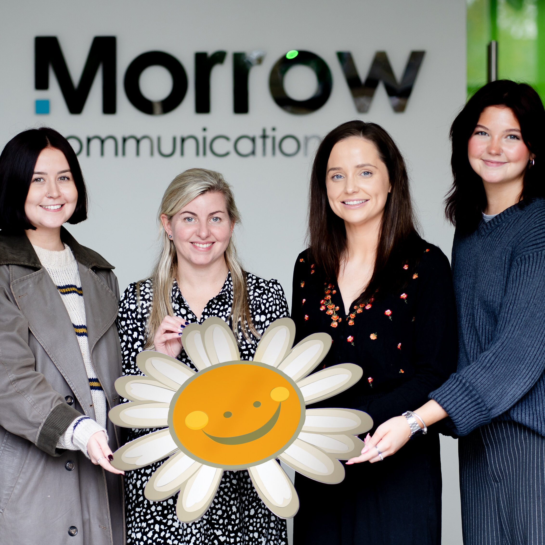 Morrow Communications Charity partnership team, Laura Magennis, Clare Forster, and Hannah Knox, pictured with Emma Bannon from Cancer Fund for Children.